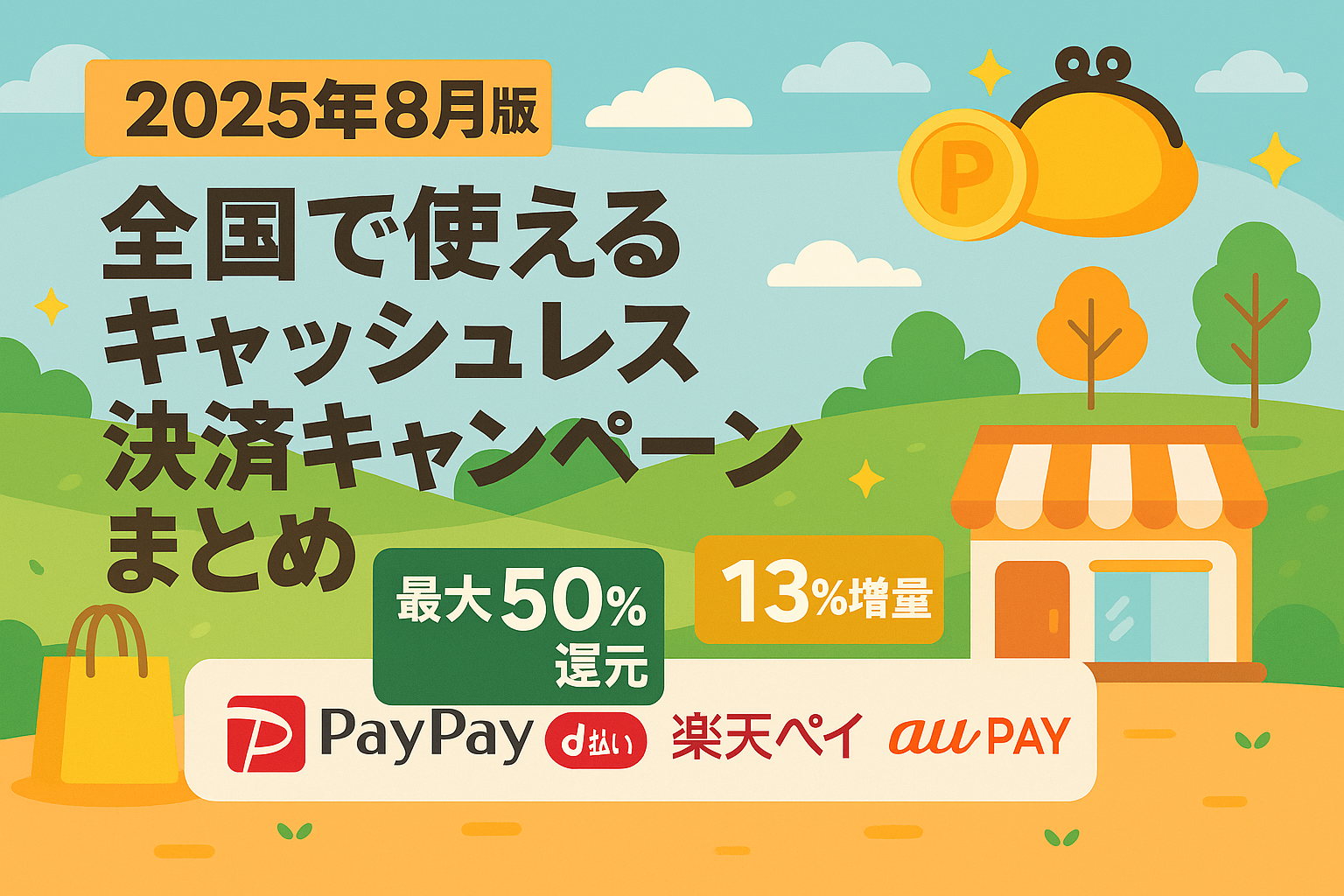 【2025年8月版】全国で使えるキャッシュレス決済キャンペーンまとめ｜最大50％還元や13％増量ものアイキャッチ画像